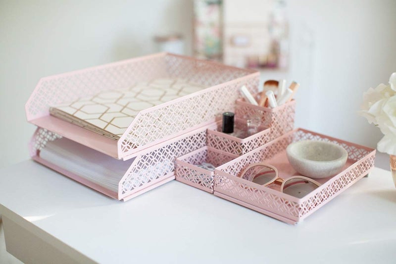 BLU MONACO Pink Desk Organizer Set for Women | 6-Piece Interlocking Office Supplies Set with Pen Cup, Accessory Trays & Letter Trays | Pink Room Decor for Workspace, Home Office & Study Areas - Image 5